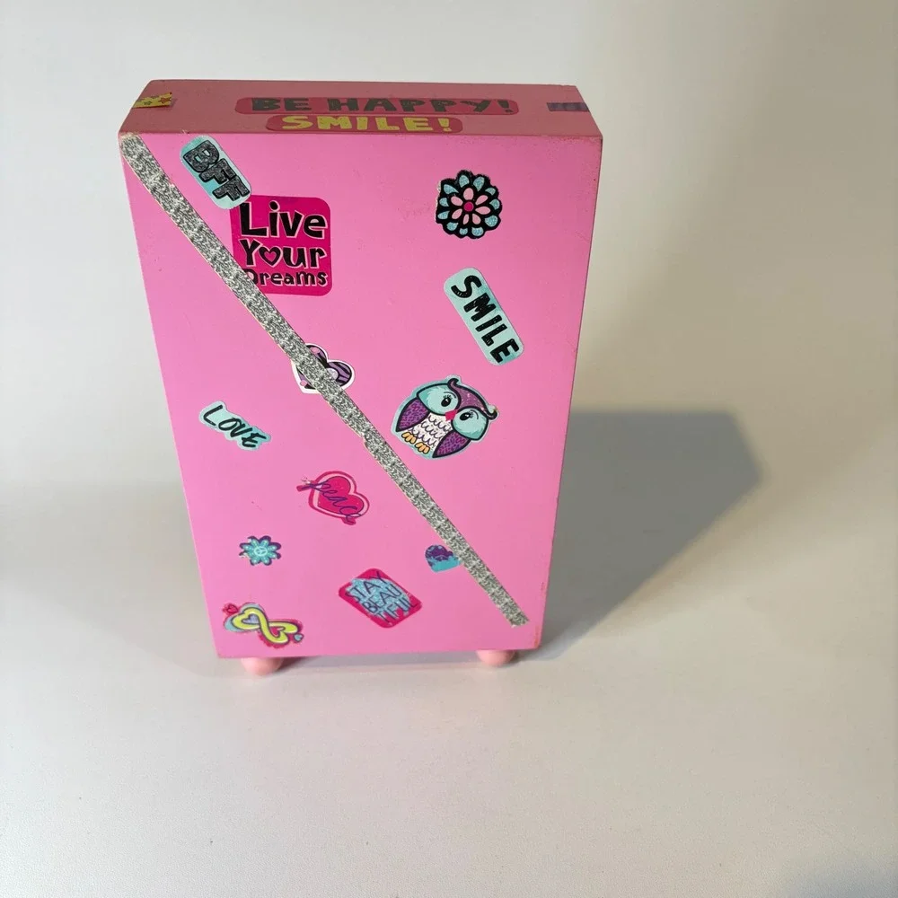 Pink Wooden Mini 3 Drawer Jewelry Box Trinket Chest Hand Decorated Sticker Art